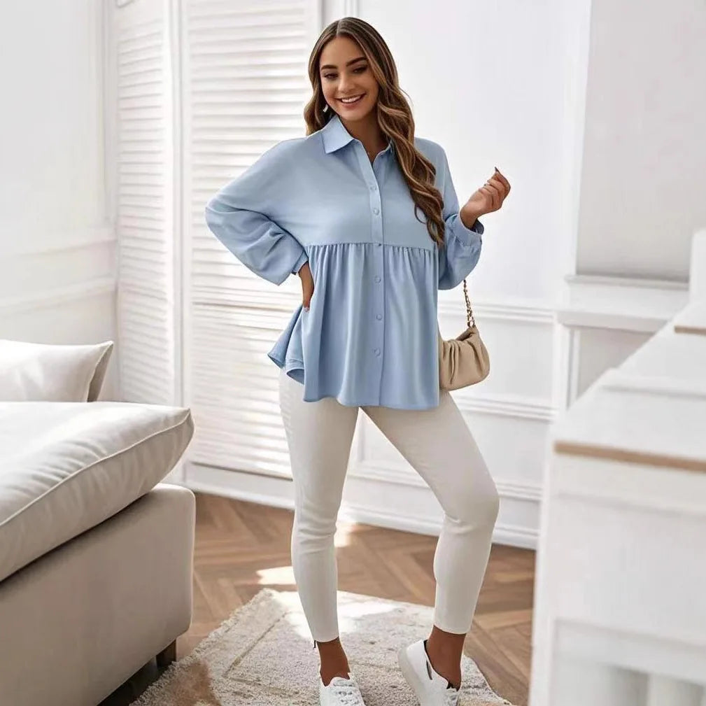 Solid Color Shirt Long Sleeve Lapel Ruffled Maternity Blouse