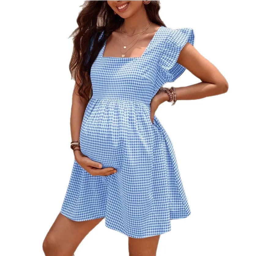 Summer Maternity Square Collar Checkered Short-sleeved Casual Pregnancy Dress