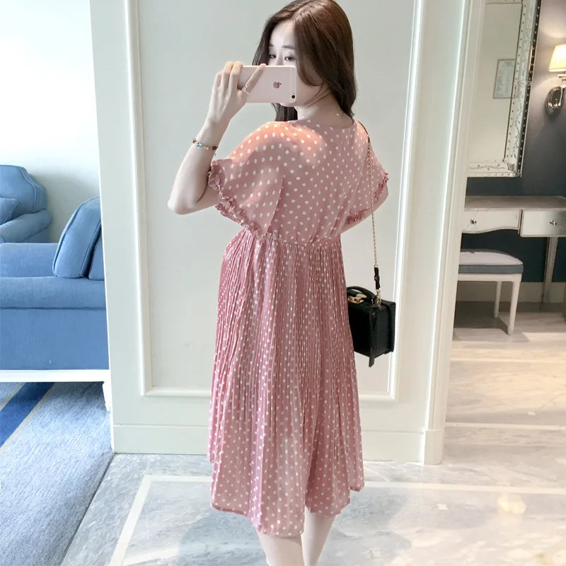 Summer Maternity Petal Collar Bubble Sleeve High Waist Dress