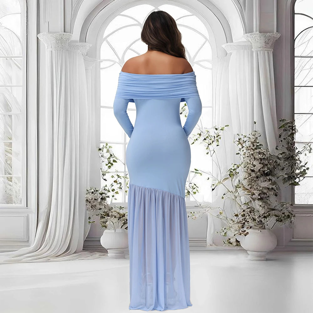 Maternity Off-Shoulder Slits Fishtail Hem Evening Party Elegant Gown Suit Photoshoot