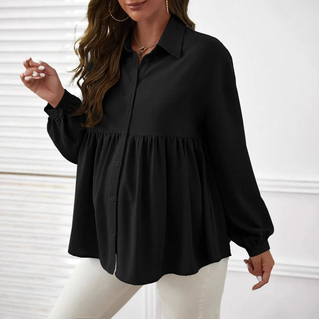 Solid Color Shirt Long Sleeve Lapel Ruffled Maternity Blouse
