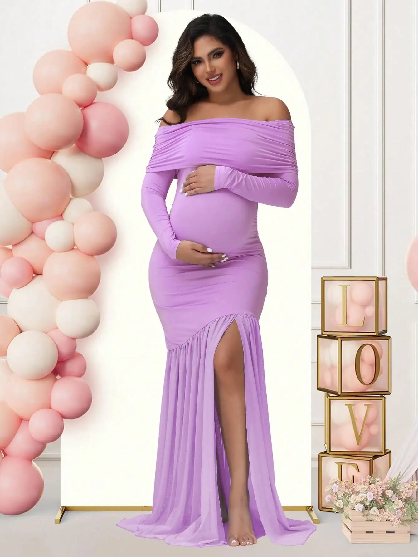 Maternity Off-Shoulder Slits Fishtail Hem Evening Party Elegant Gown Suit Photoshoot