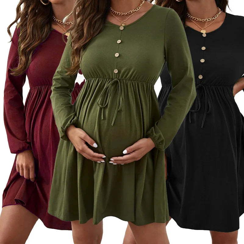 Maternity – Soft & Comfortable Nursing O-Neck Long Sleeve Breastfeeding Dress