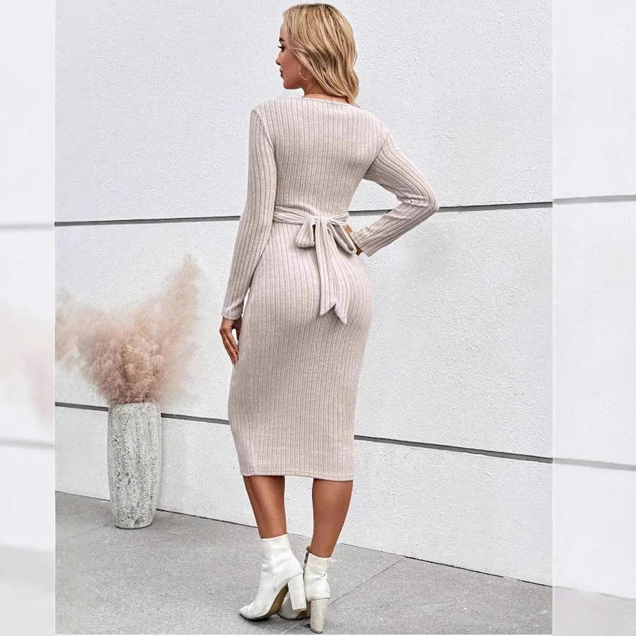 Maternity Long-sleeved for Pregnant Women Elegant Knotted Slimming Dress
