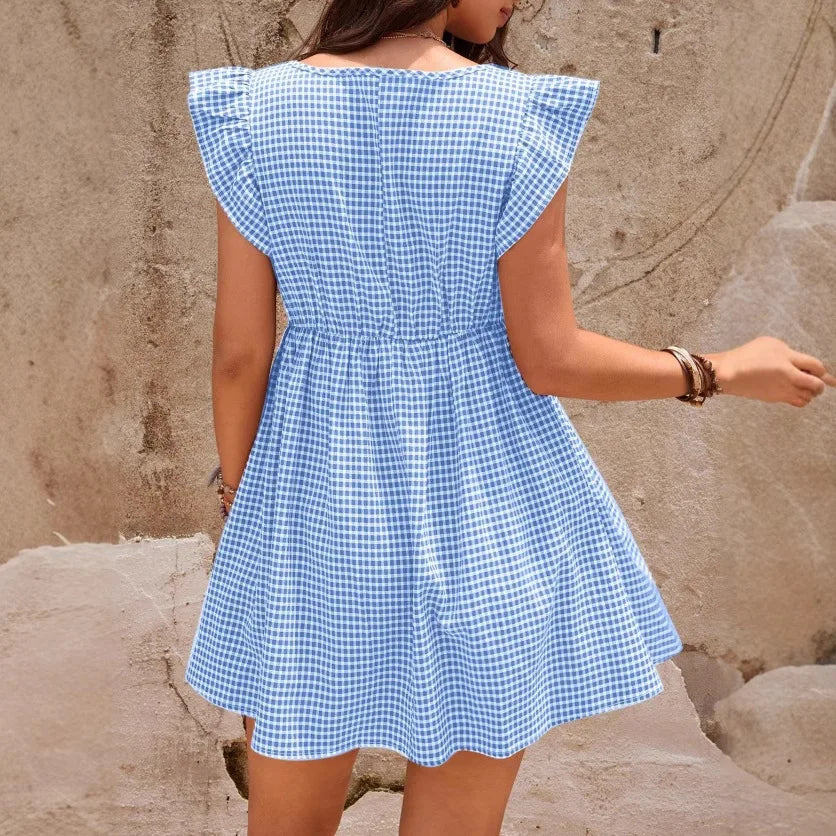 Summer Maternity Square Collar Checkered Short-sleeved Casual Pregnancy Dress