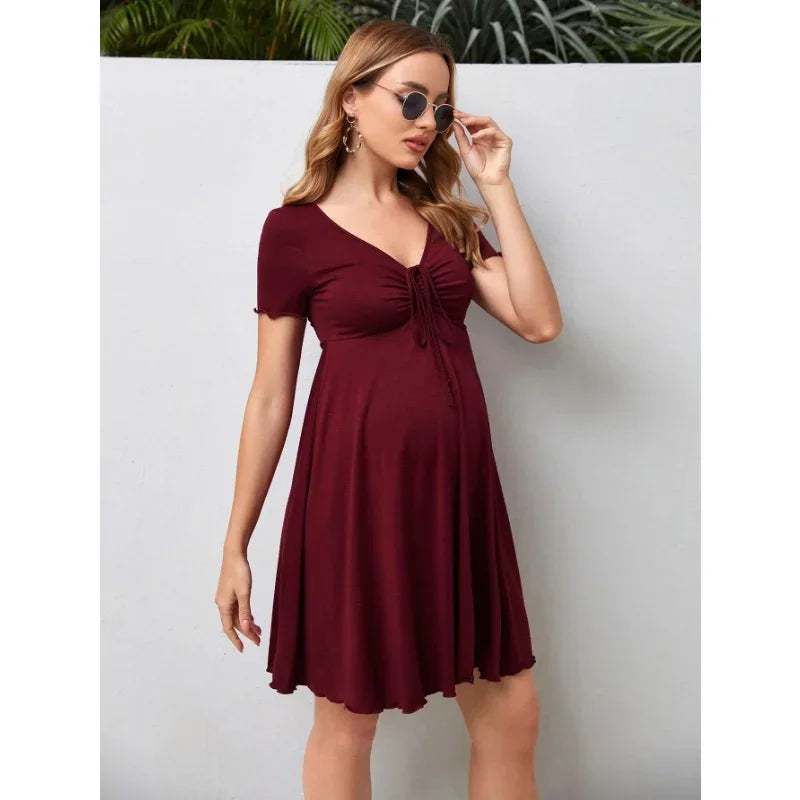 Maternity Summer Pure Colour V-neck Women Casual Short Dress
