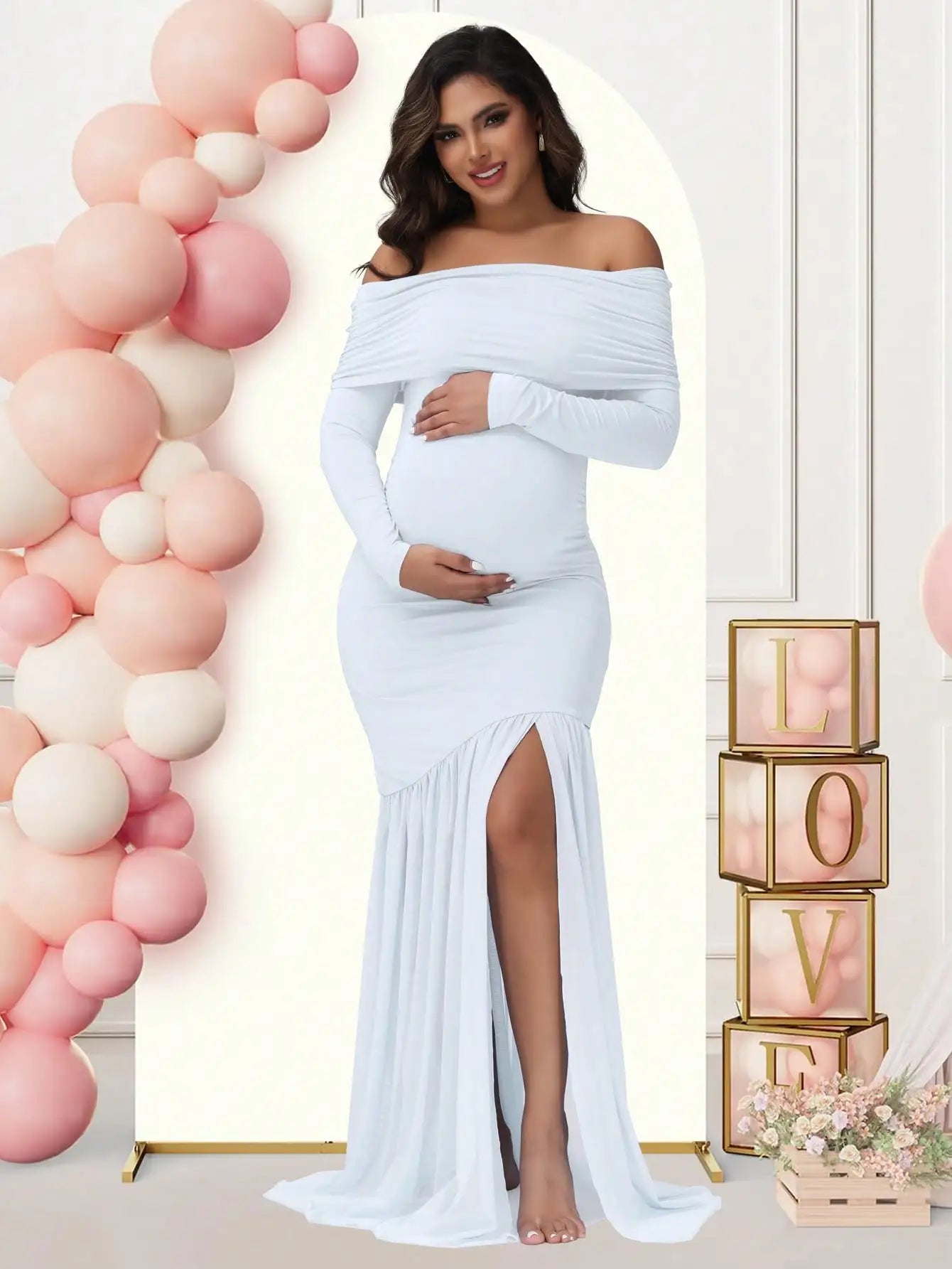Maternity Off-Shoulder Slits Fishtail Hem Evening Party Elegant Gown Suit Photoshoot