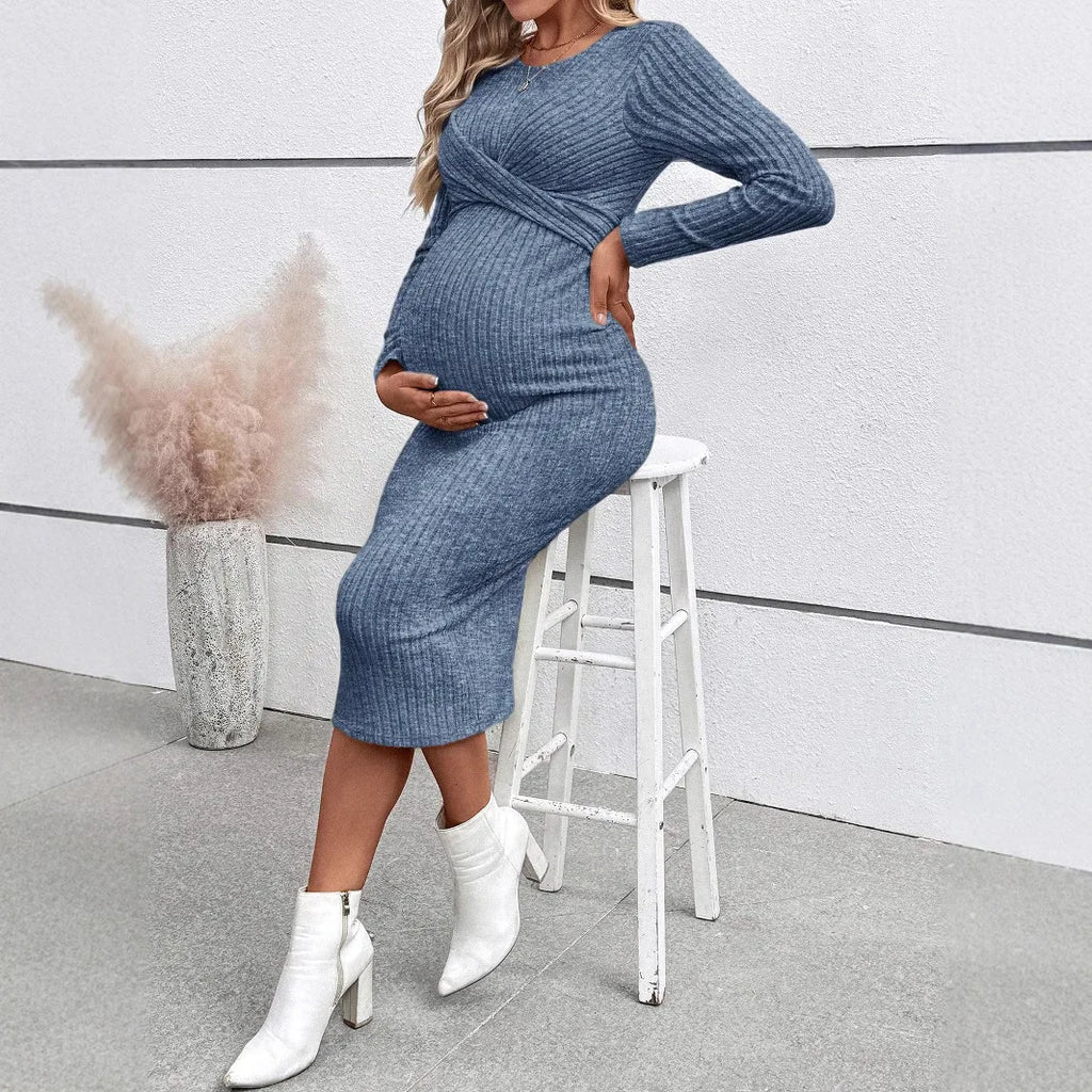 Maternity Long-sleeved for Pregnant Women Elegant Knotted Slimming Dress