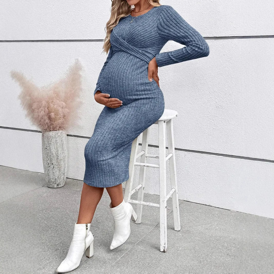 Maternity Long-sleeved for Pregnant Women Elegant Knotted Slimming Dress