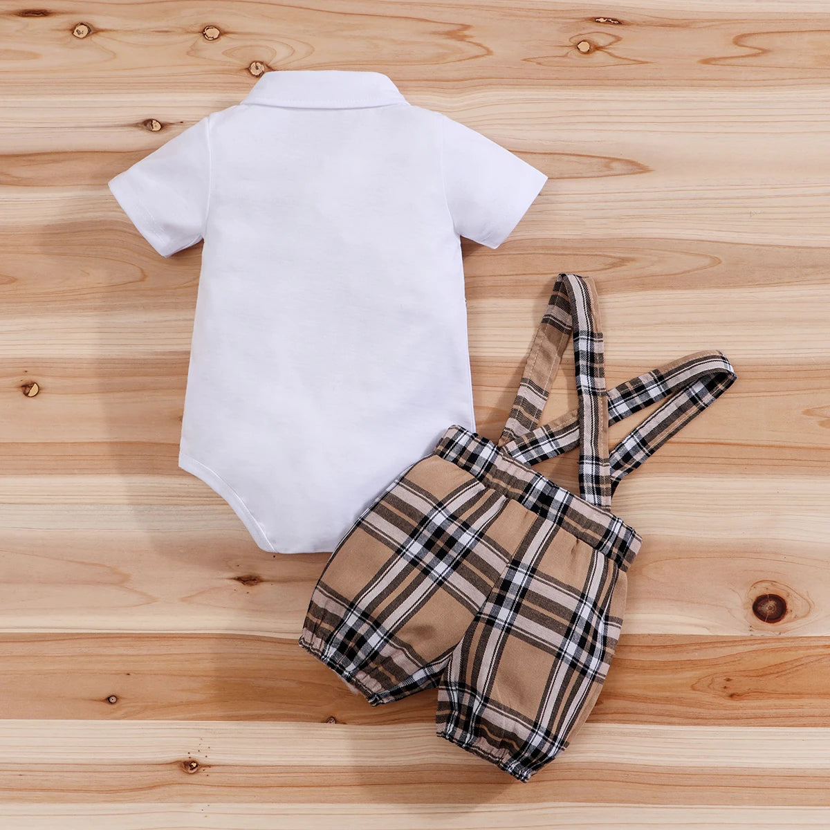 2PCS Short Sleeve Boys Infant Plaid Bear Bodysuit+Suspenders