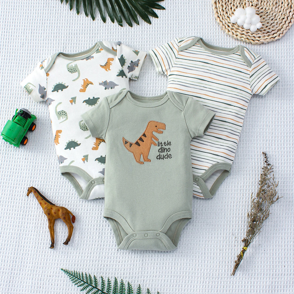 3pce Cartoon Dinosaur Pattern and Stripe Pattern Set for 0-9 Months Old Boys