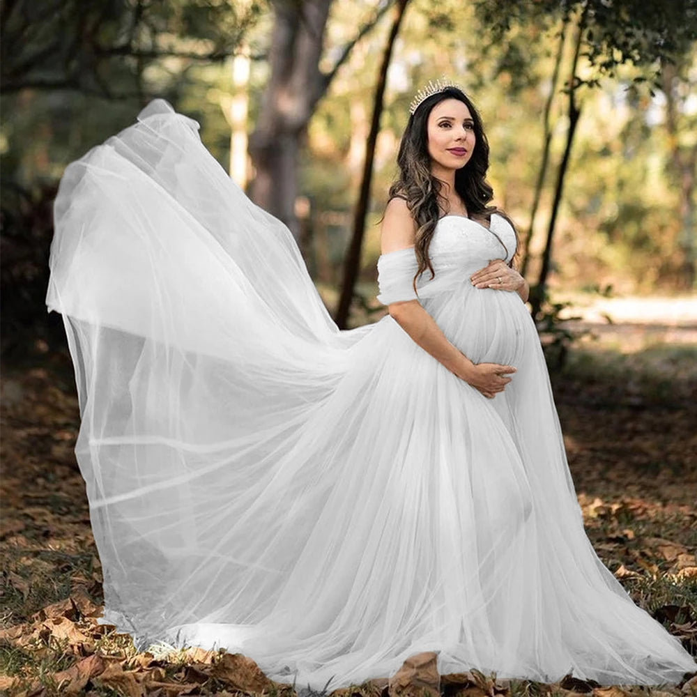 Pregnancy Maxi Gown Off Shouder Lace Mesh Women Clothing for Baby Shower Photography