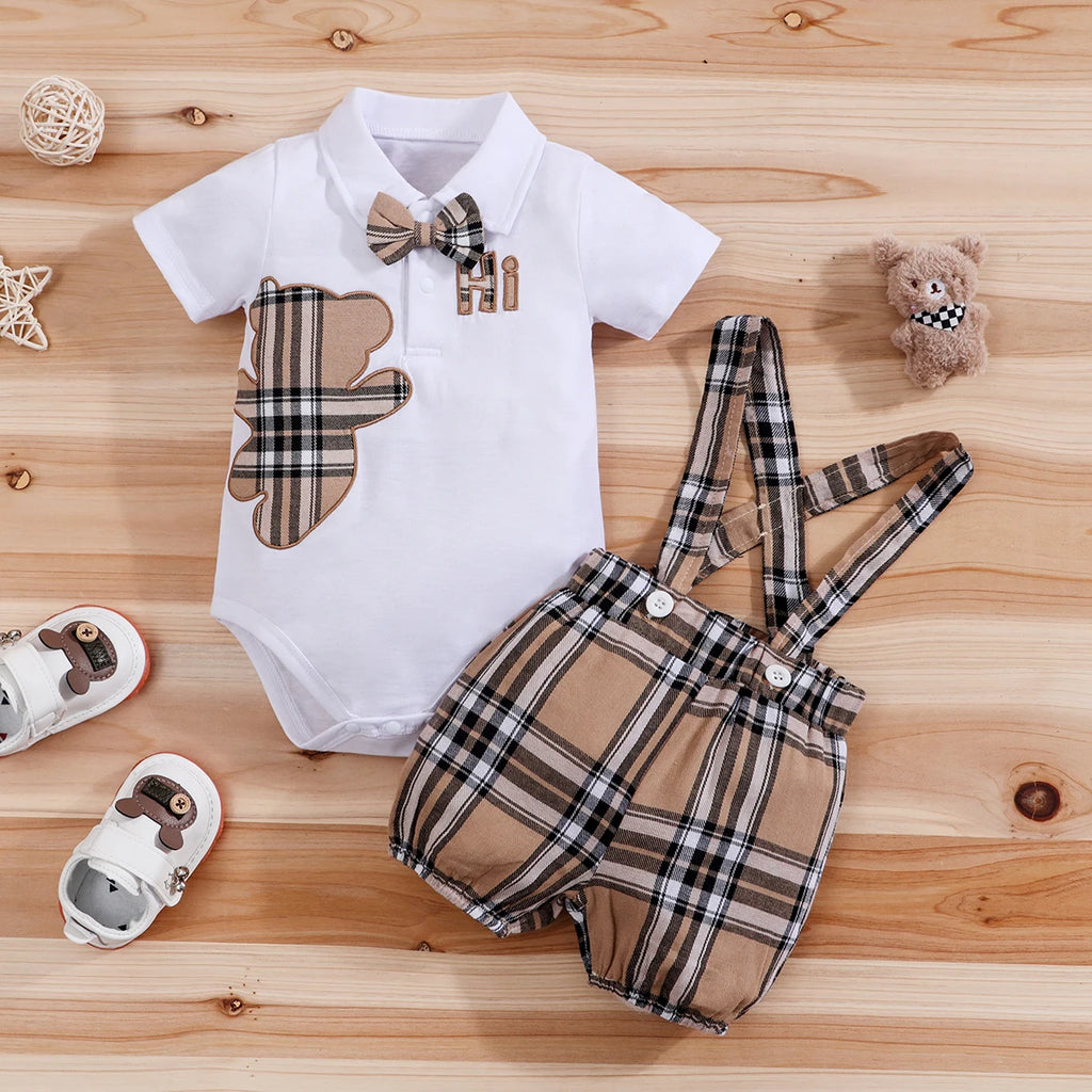 2PCS Short Sleeve Boys Infant Plaid Bear Bodysuit+Suspenders
