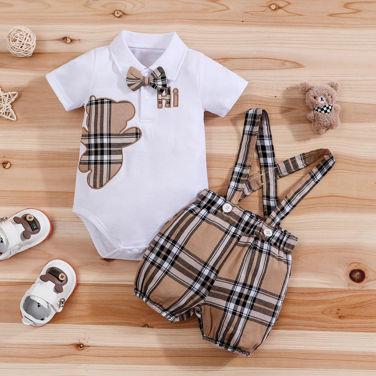 2PCS Short Sleeve Boys Infant Plaid Bear Bodysuit+Suspenders