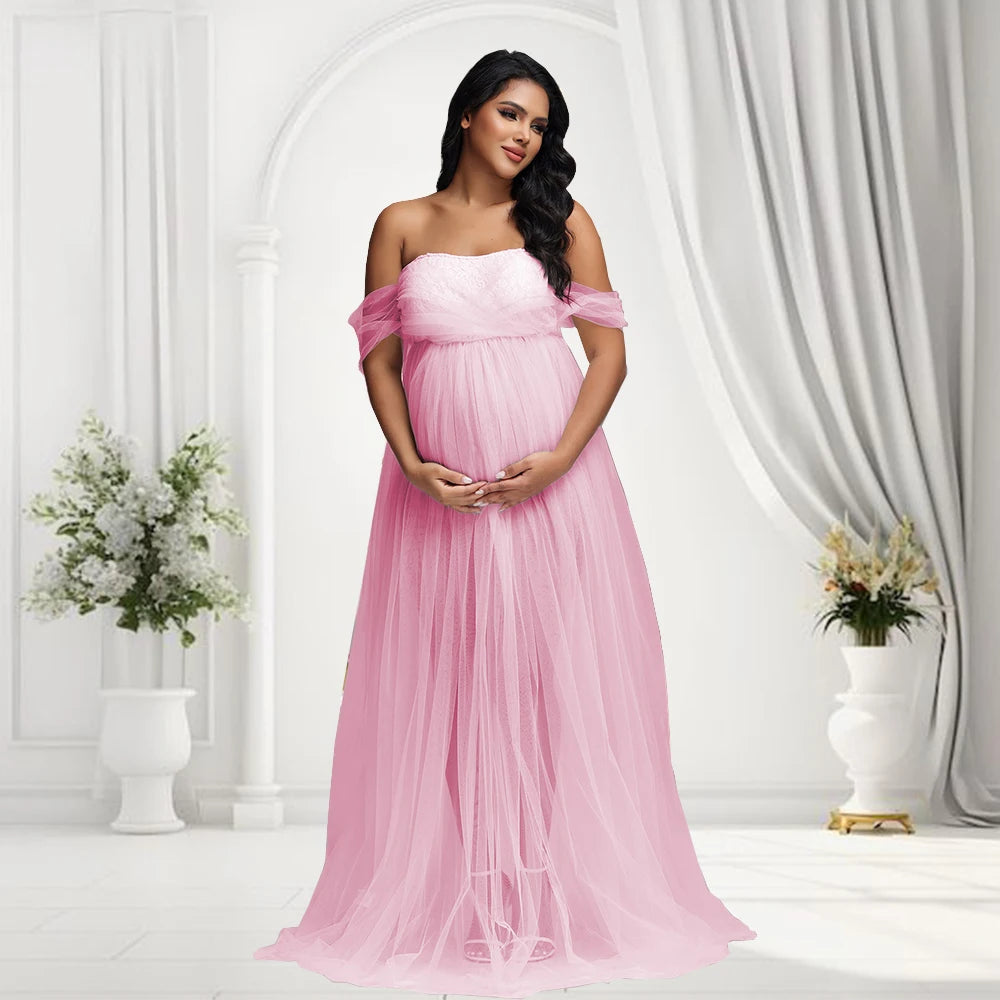 Pregnancy Maxi Gown Off Shouder Lace Mesh Women Clothing for Baby Shower Photography