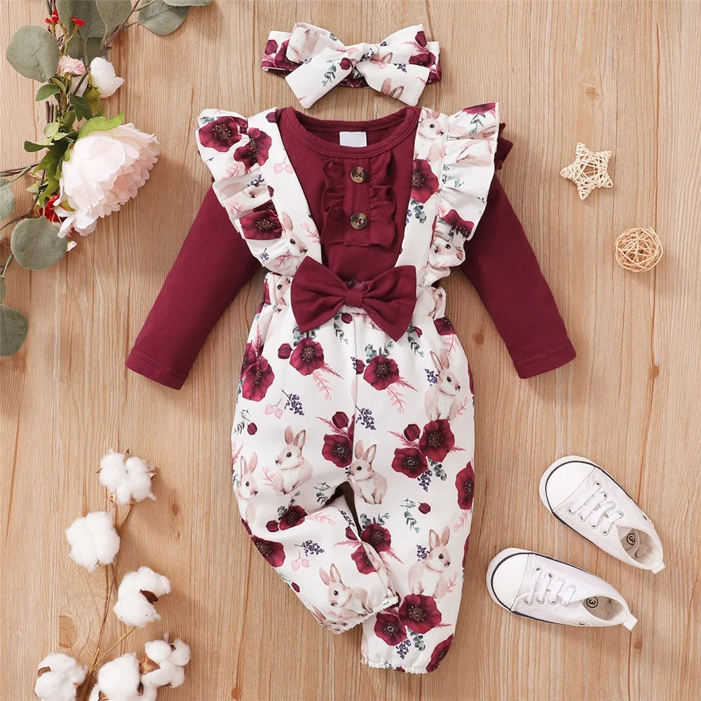 0-18Months Baby Girl Clothes Set Red Color Long Sleevs Bodysuit + Flower Strap Pants