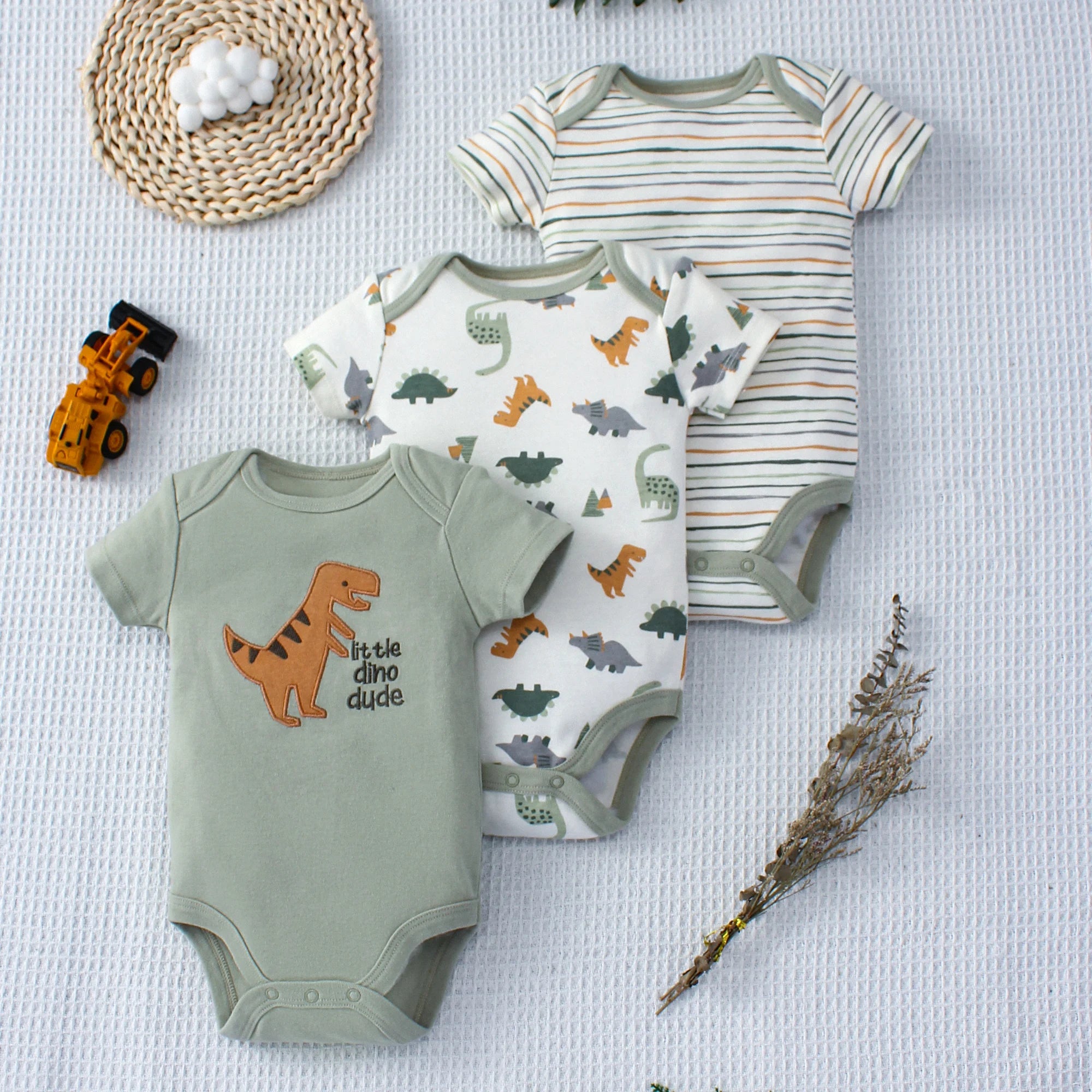 3pce Cartoon Dinosaur Pattern and Stripe Pattern Set for 0-9 Months Old Boys