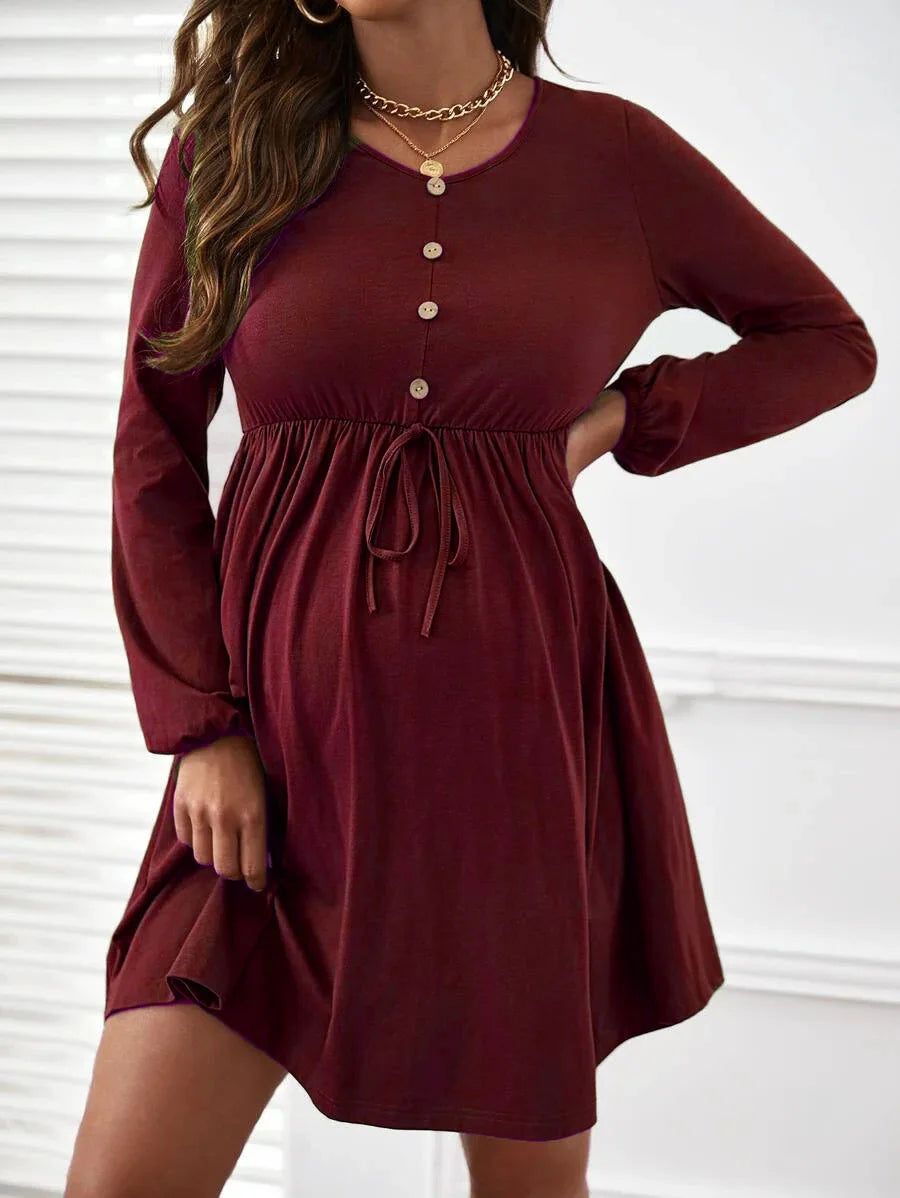 Maternity – Soft & Comfortable Nursing O-Neck Long Sleeve Breastfeeding Dress