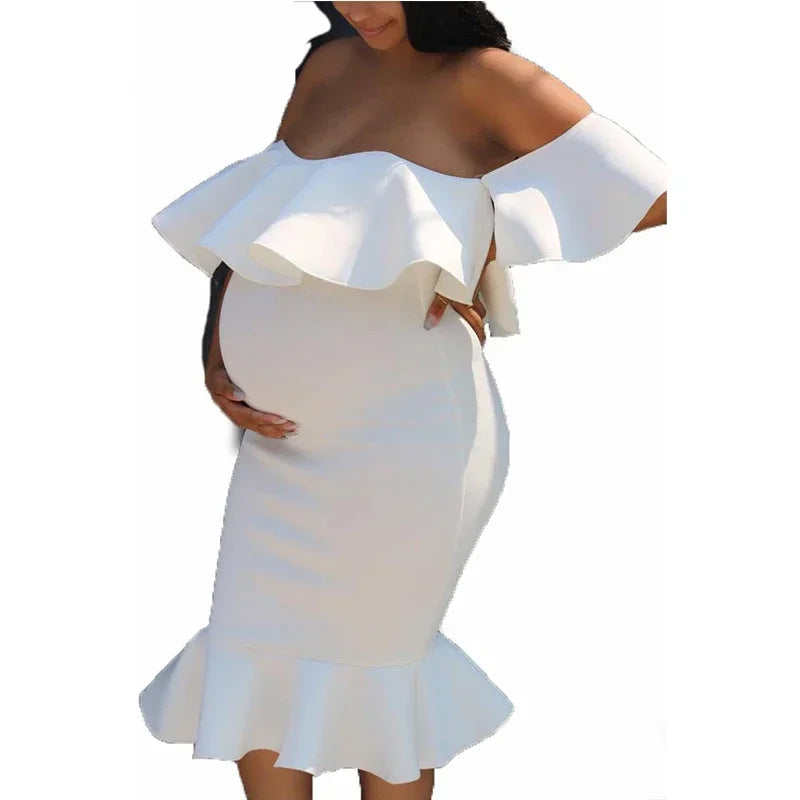 Maternity Evening Solid Ruffles Off The Shoulder Maternity Dress