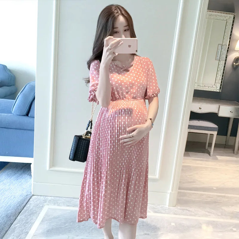 Summer Maternity Petal Collar Bubble Sleeve High Waist Dress